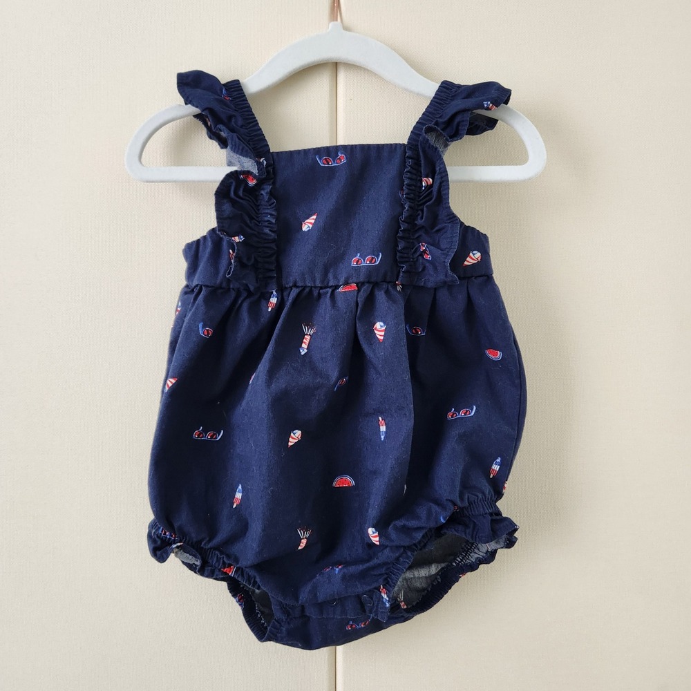 Carter's Navy Blue Ruffled Straps Baby Romper with 4th of July details
